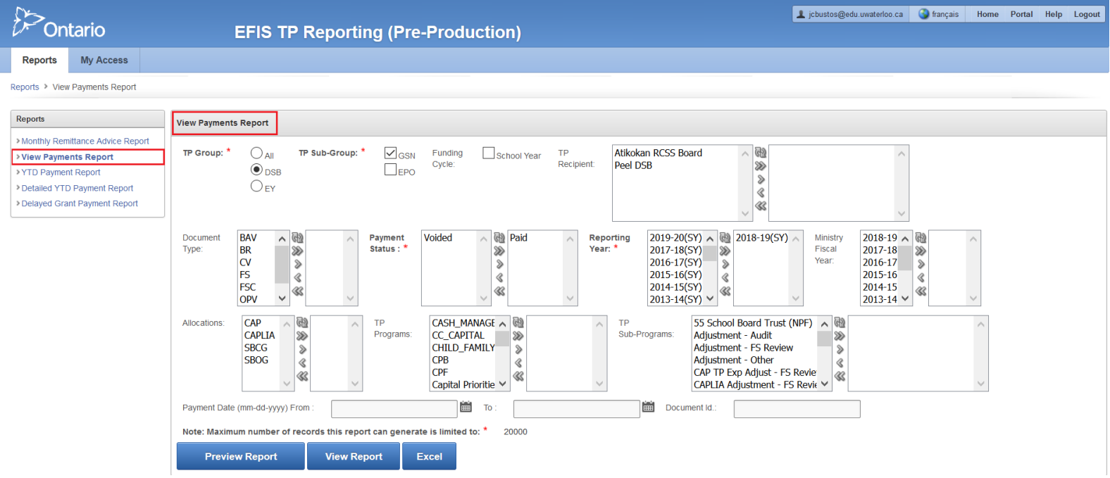 EFIS TP Reporting (Pre-Production): Generating Reports
